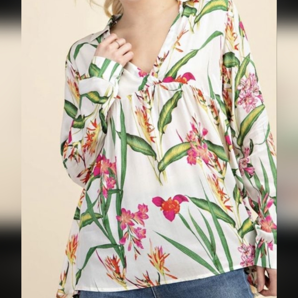 Kori America Women's Floral Wrap Top Roll-tap Sleeve Botanical Garden Spring M